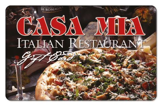 Casa Mia logo overlaid on a picture of pizza